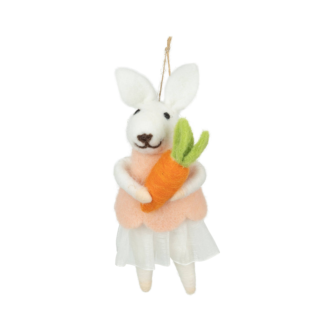 White felt bunny orn, holding carrot, 6 in