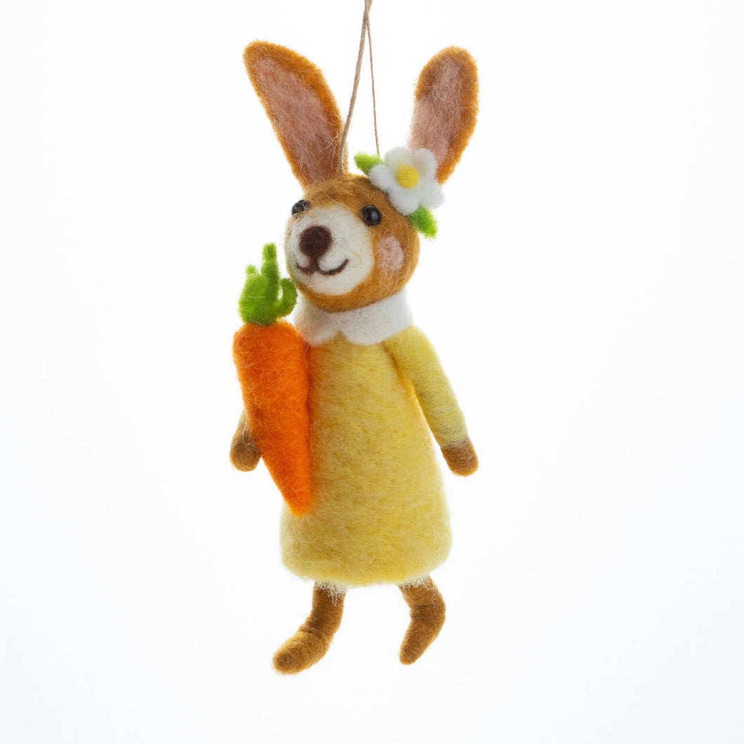 Felt tan bunny, yellow dress,carrot trim 6in