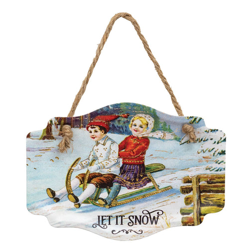 Let It Snow Vintage Sledding Children Embossed Metal Hanger