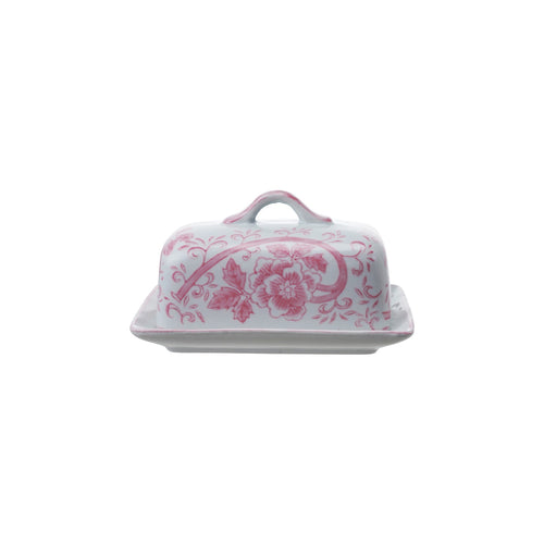 Pink Butter Dish w Floral Design