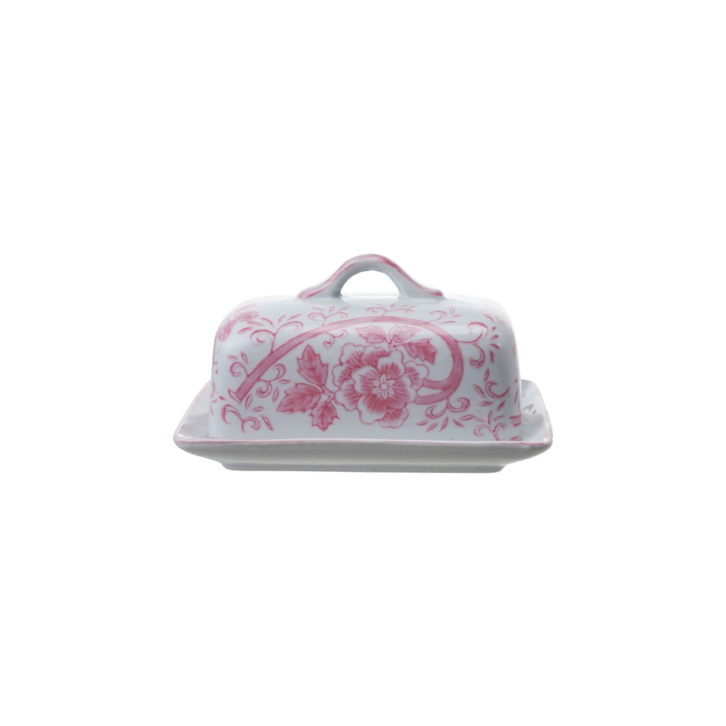 Pink Butter Dish w Floral Design