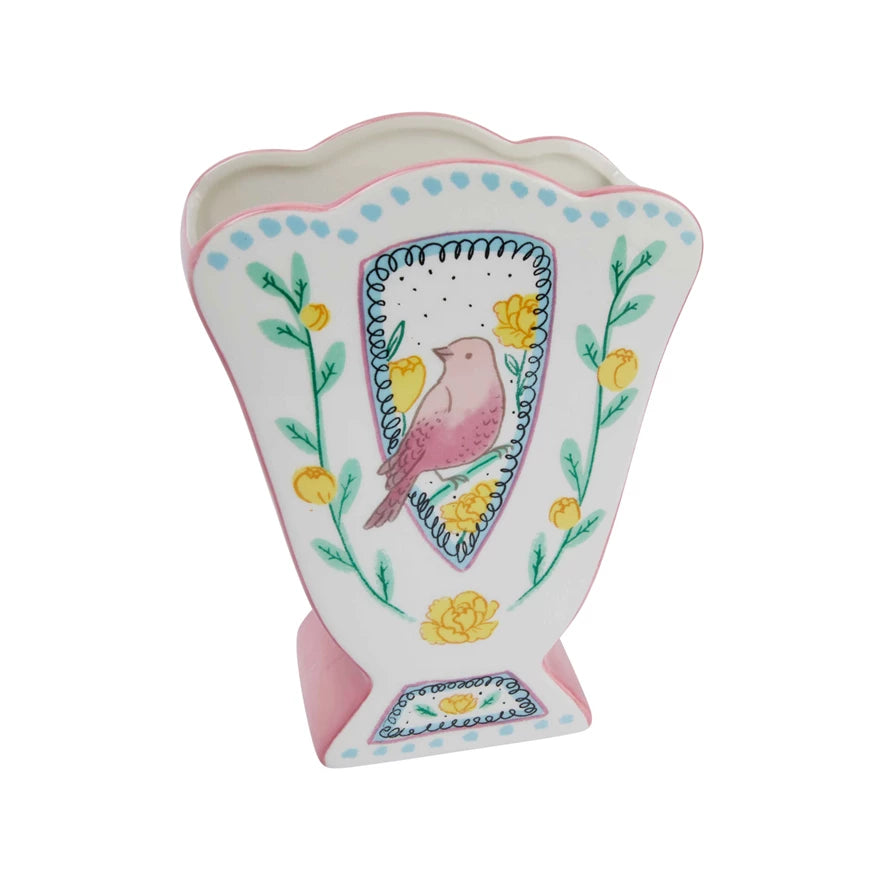 Ceramic Fan Shaped Vase w/ Scalloped Edge & Birds