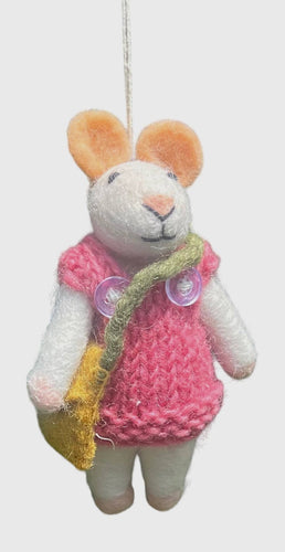 Felt ornament, bunny w pink sweater & bag