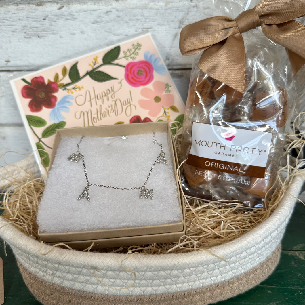 Mama necklace and caramel gift basket
