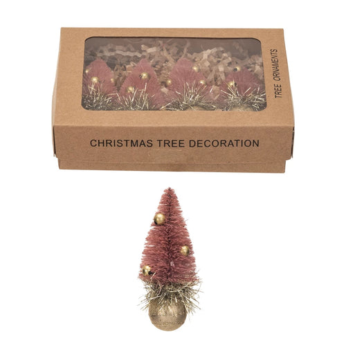 Pink Bottle Brush Tree Ornaments w/ Glass Ball Base